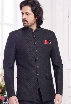 Hand Embroidered Art Silk Jacquard Jodhpuri Jacket in Black