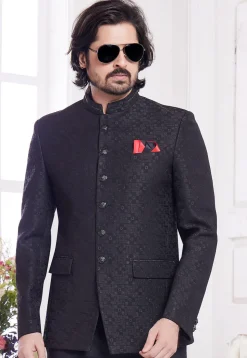 Hand Embroidered Art Silk Jacquard Jodhpuri Jacket in Black