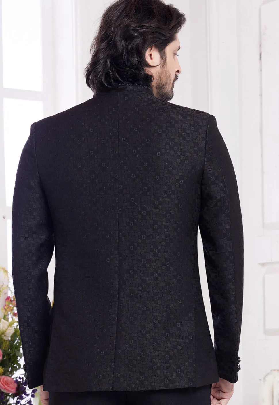 Hand Embroidered Art Silk Jacquard Jodhpuri Jacket in Black