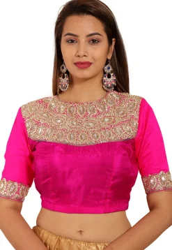 Hand Embroidered Art Silk Blouse in Fuchsia