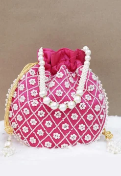 Hand Embroidered Art Silk Potli Bag in Pink