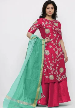Hand Embroidered Art Silk Lehenga in Fuchsia