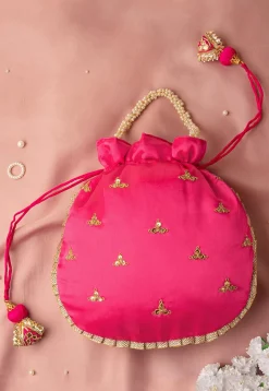 Hand Embroidered Art Silk Potli Bag in Fuchsia