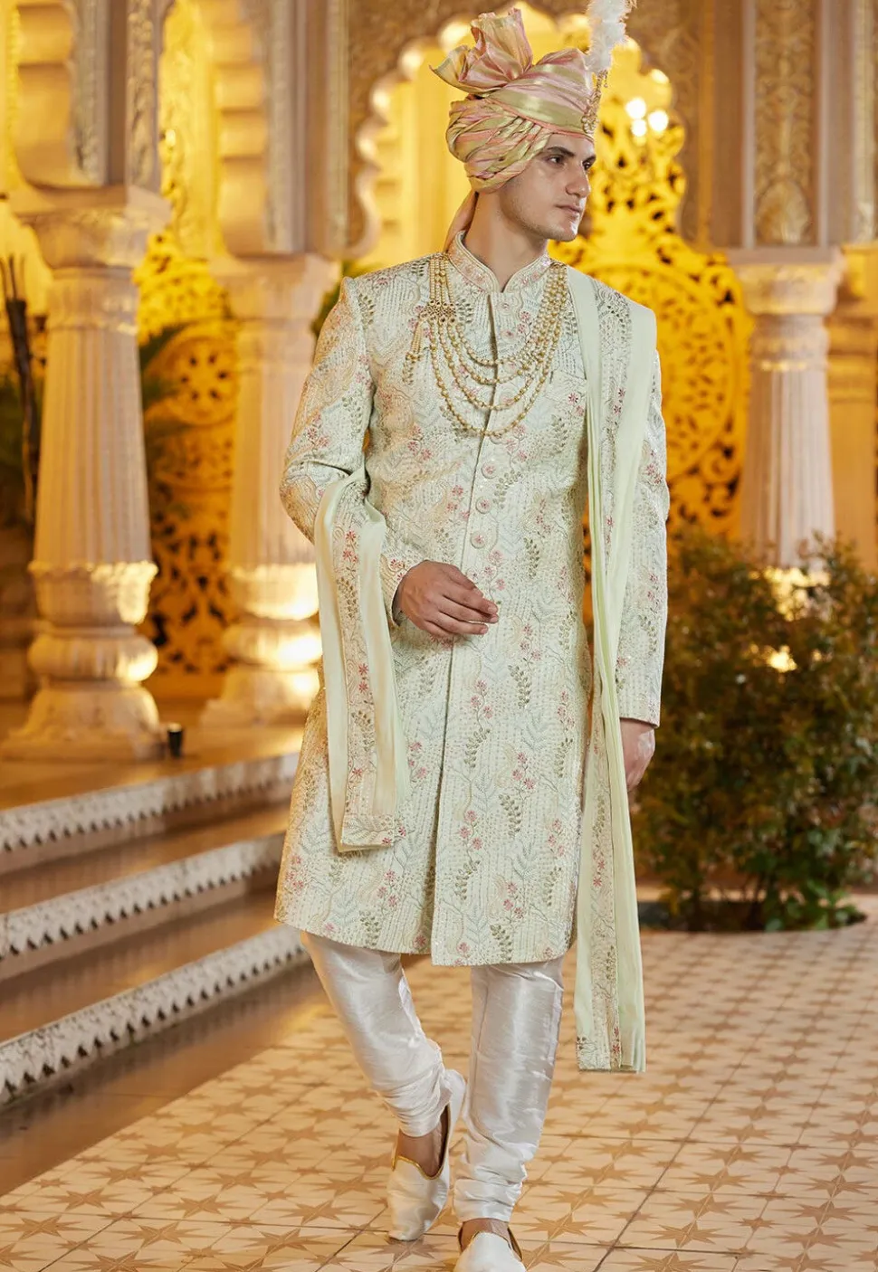 Hand Embroidered Art Silk Sherwani in Pastel Green