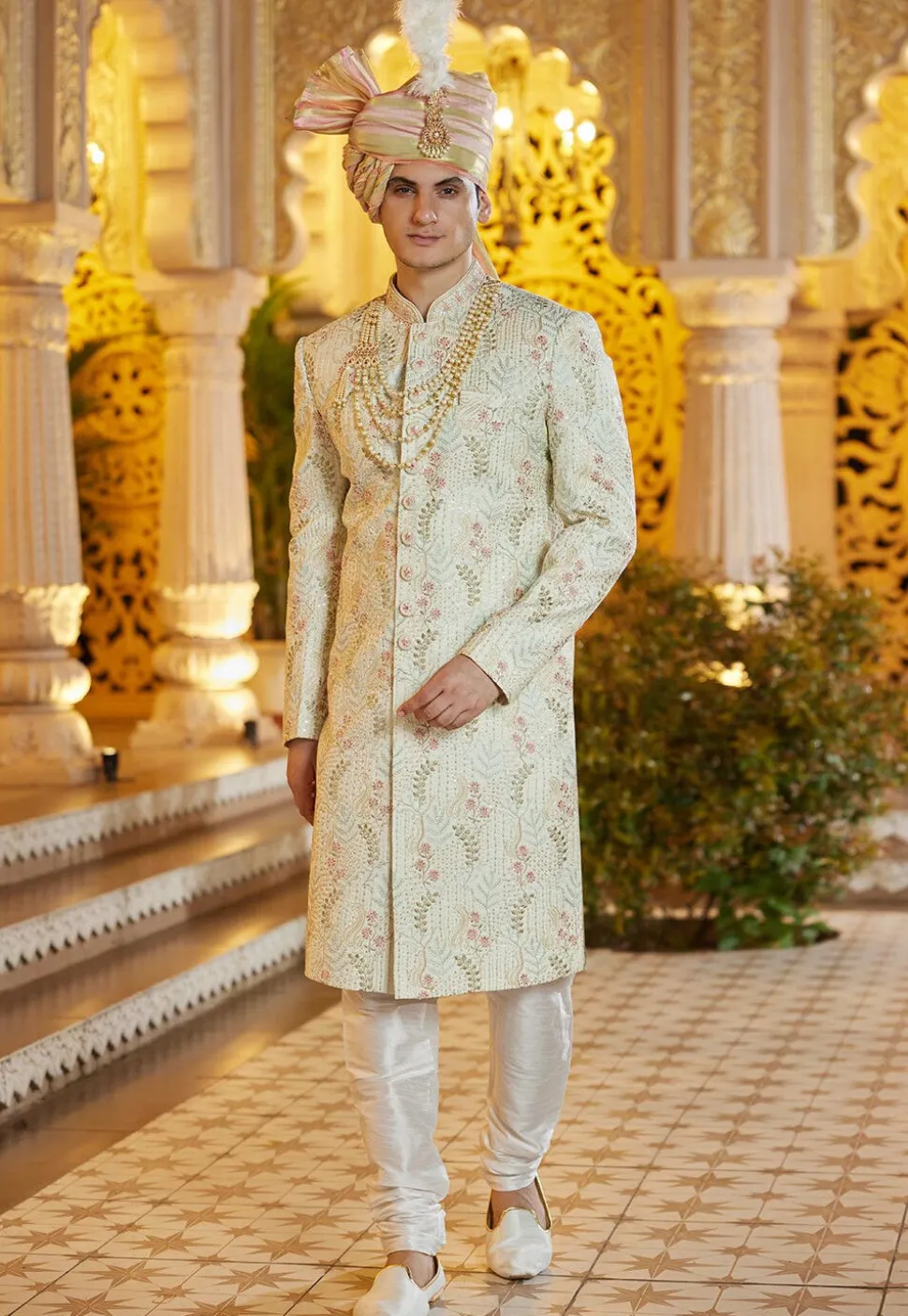 Hand Embroidered Art Silk Sherwani in Pastel Green