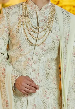 Hand Embroidered Art Silk Sherwani in Pastel Green