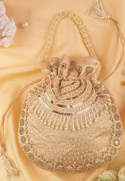 Hand Embroidered Art Silk Potli Bag in Beige