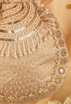 Hand Embroidered Art Silk Potli Bag in Beige