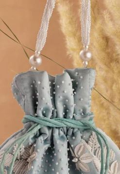 Hand Embroidered Art Silk Potli Bag in Pastel Blue