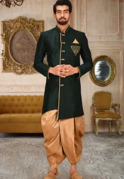 Hand Embroidered Art Silk Dhoti Kurta in Dark Green