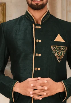 Hand Embroidered Art Silk Dhoti Kurta in Dark Green