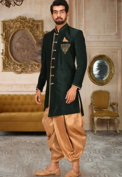 Hand Embroidered Art Silk Dhoti Kurta in Dark Green