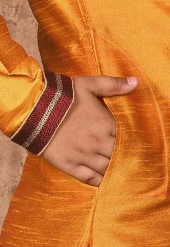 Hand Embroidered Art Silk Kurta Set in Mustard