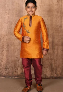 Hand Embroidered Art Silk Kurta Set in Mustard