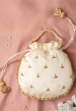 Hand Embroidered Art Silk Potli Bag in Off White