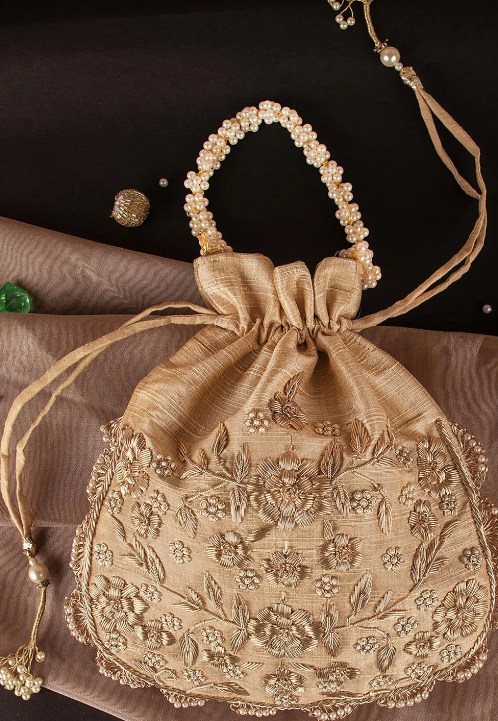 Hand Embroidered Art Silk Potli Bag in Beige