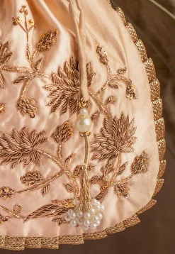 Hand Embroidered Art Silk Potli Bag in Beige