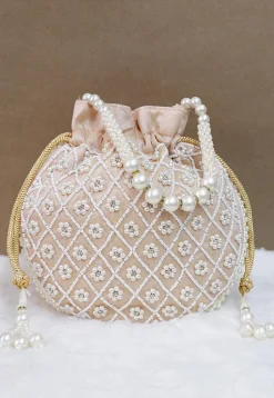 Hand Embroidered Art Silk Potli Bag in Light Beige
