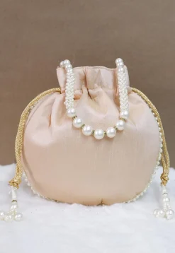 Hand Embroidered Art Silk Potli Bag in Light Beige