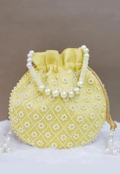Hand Embroidered Art Silk Potli Bag in Pastel Yellow