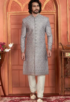 Hand Embroidered Art Silk Sherwani in Grey