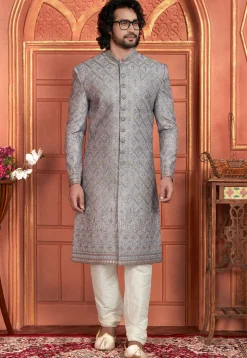 Hand Embroidered Art Silk Sherwani in Grey
