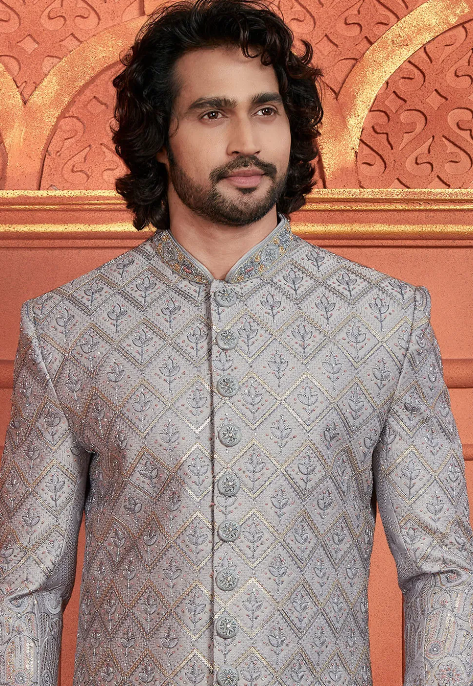 Hand Embroidered Art Silk Sherwani in Grey