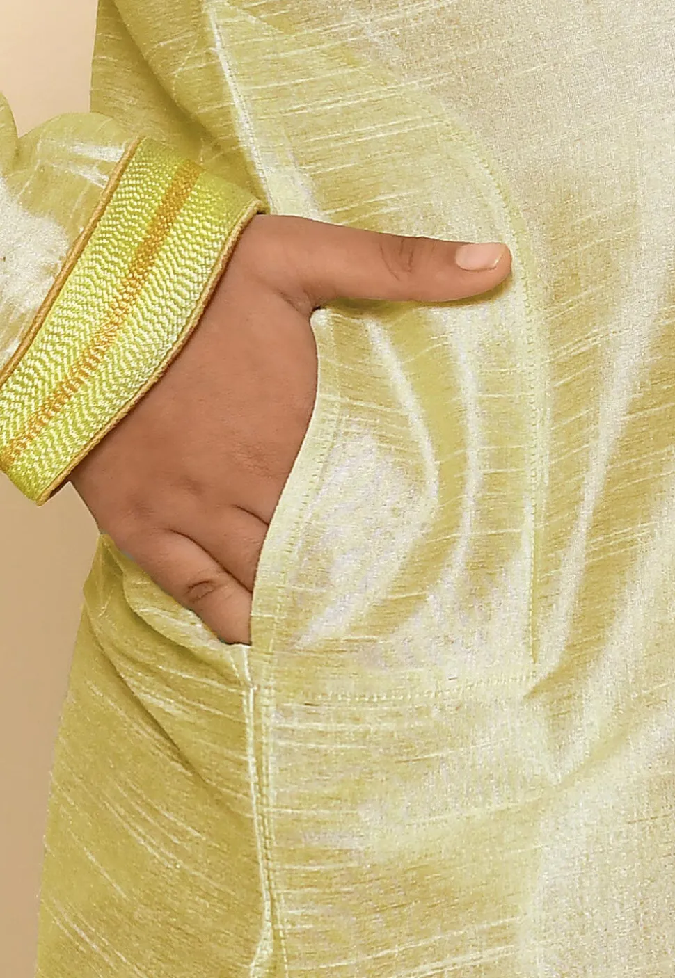 Hand Embroidered Art Silk Kurta in Pastel Green