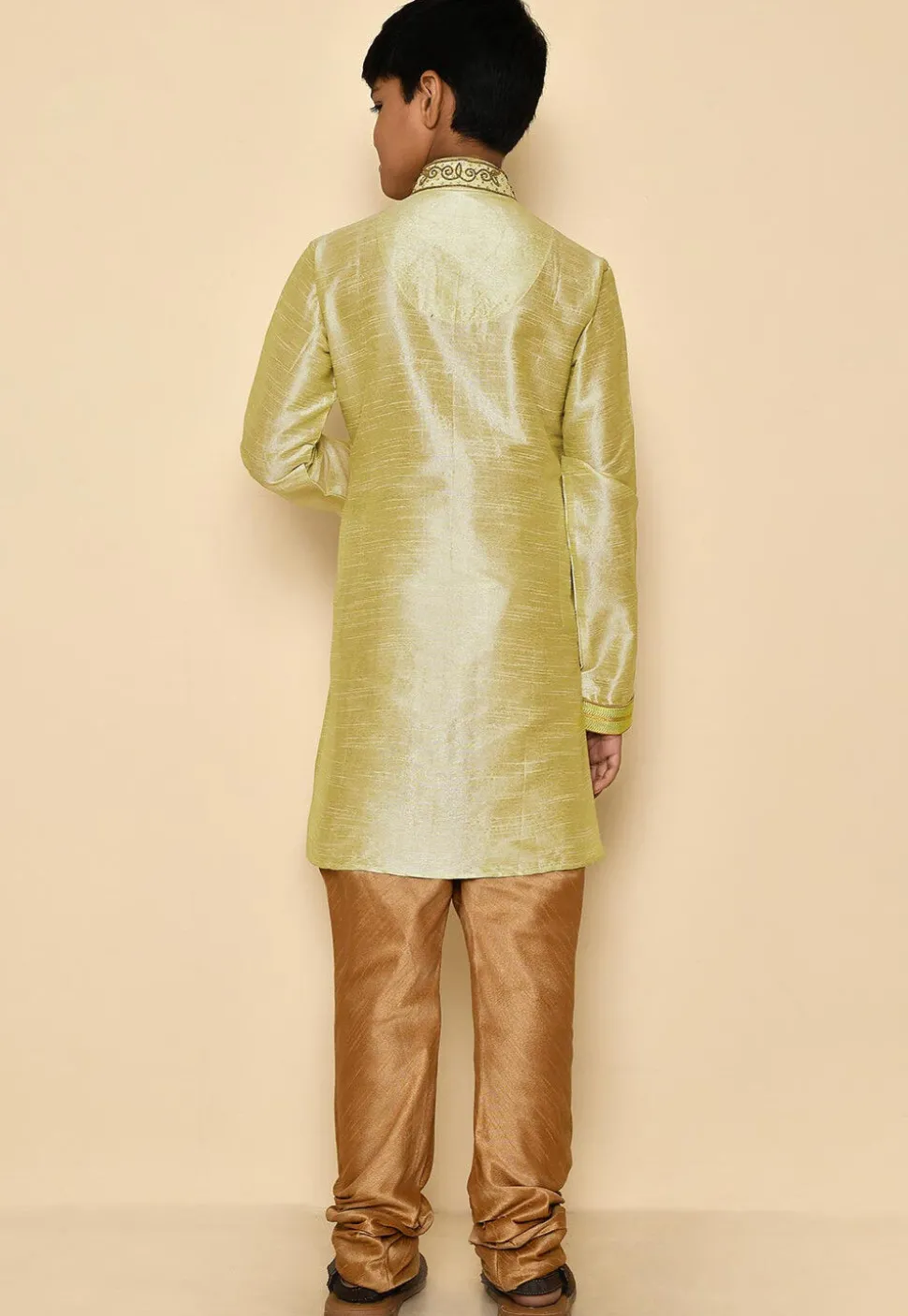 Hand Embroidered Art Silk Kurta in Pastel Green