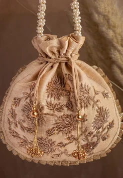 Hand Embroidered Art Silk Potli Bag in Beige