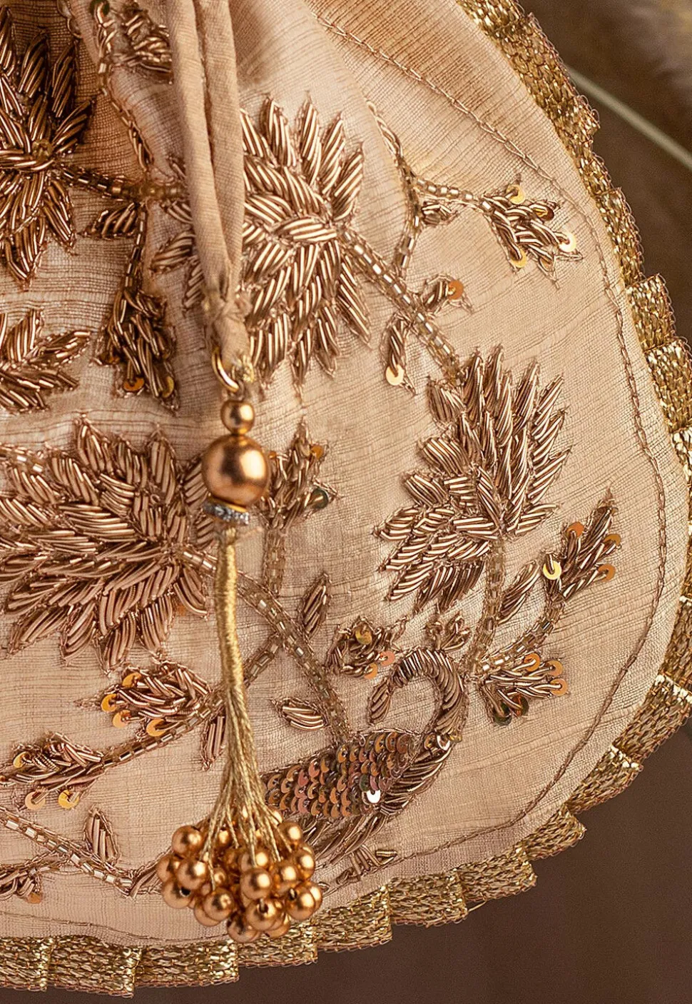 Hand Embroidered Art Silk Potli Bag in Beige