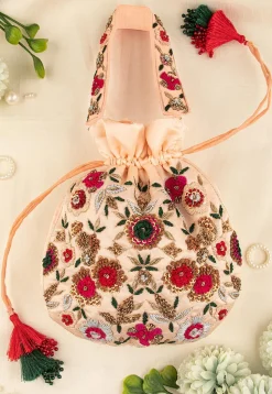 Hand Embroidered Art Silk Potli Bag in Peach
