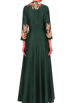 Hand Embroidered Art Silk Abaya Style Suit in Dark Teal Green