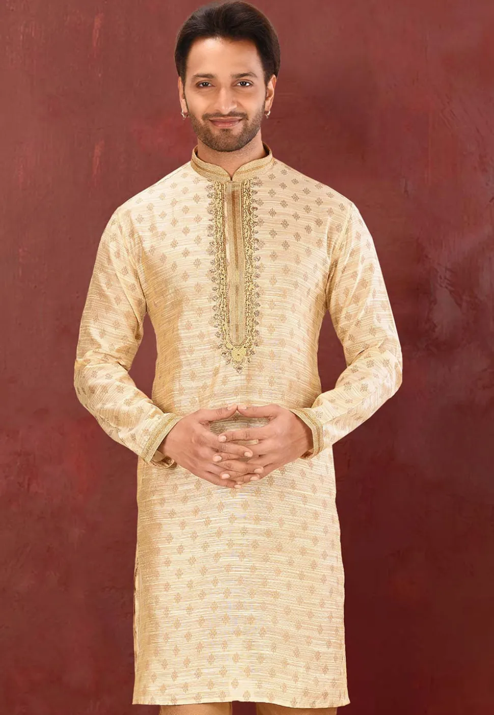 Hand Embroidered Art Silk Jacquard Kurta in Light Beige
