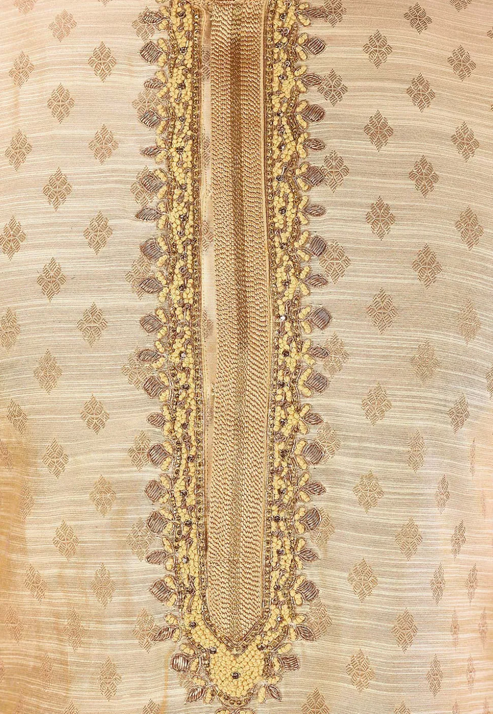 Hand Embroidered Art Silk Jacquard Kurta in Light Beige