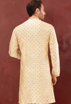Hand Embroidered Art Silk Jacquard Kurta in Light Beige