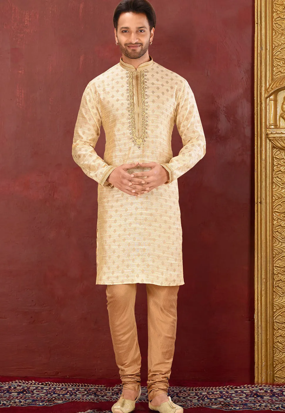 Hand Embroidered Art Silk Jacquard Kurta in Light Beige