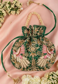 Hand Embroidered Art Silk Potli Bag in Dark Green