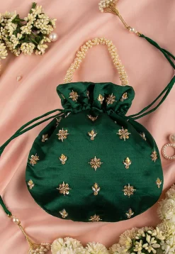 Hand Embroidered Art Silk Potli Bag in Dark Green