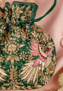 Hand Embroidered Art Silk Potli Bag in Dark Green
