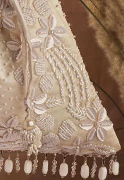 Hand Embroidered Art Silk Potli Bag in Off White