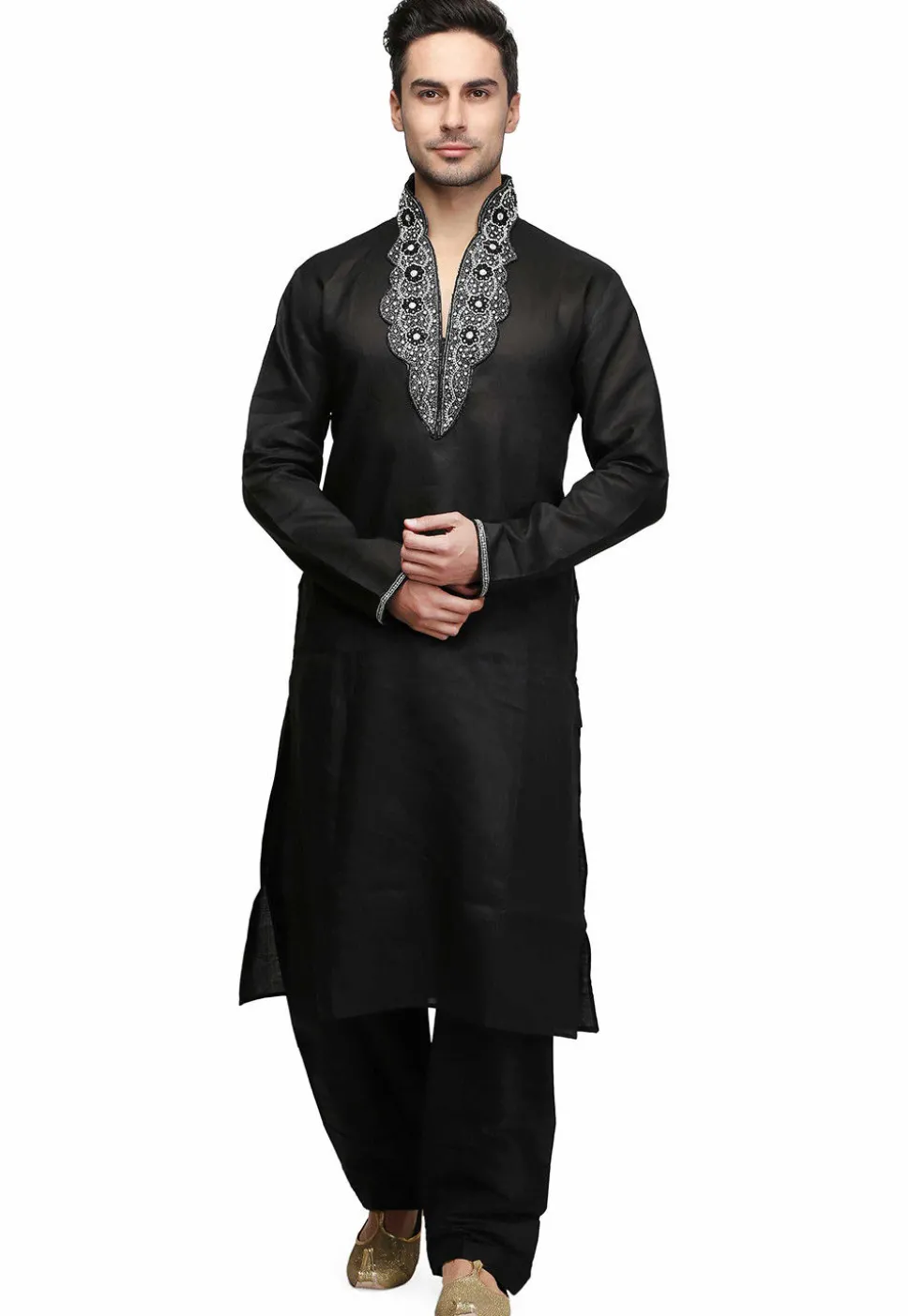 Hand Embroidered Art Silk Kurta in Black