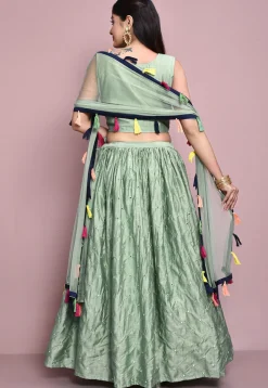 Hand Embroidered Art Silk Lehenga in Dusty Green