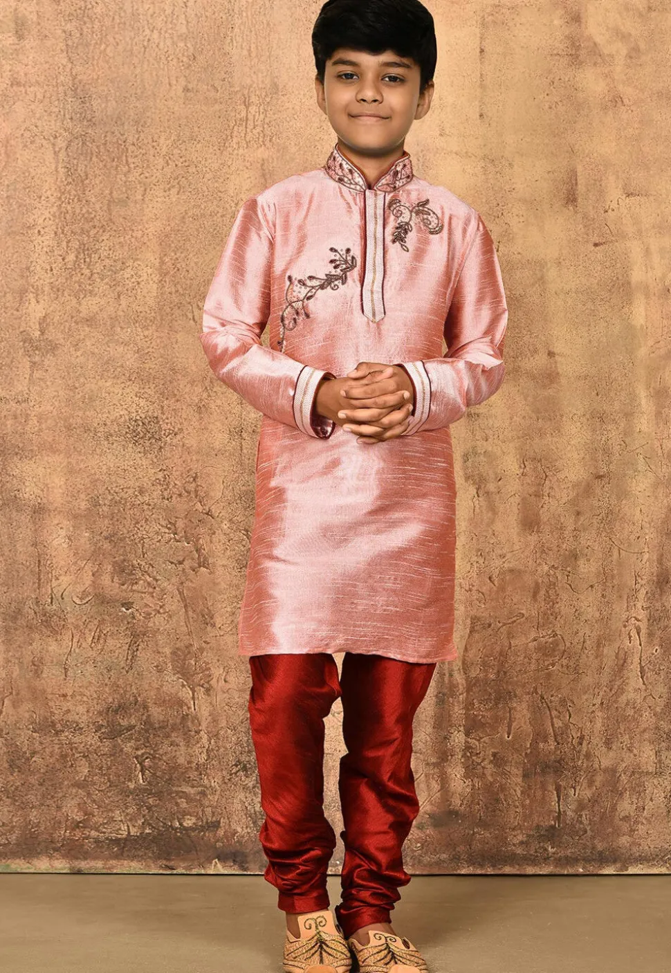 Hand Embroidered Art Silk Kurta in Peach