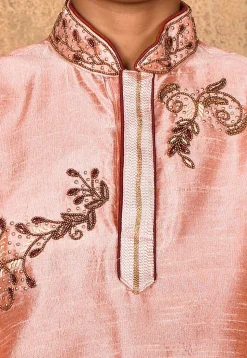 Hand Embroidered Art Silk Kurta in Peach