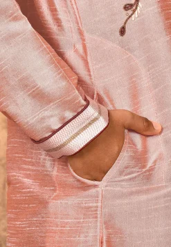Hand Embroidered Art Silk Kurta in Peach