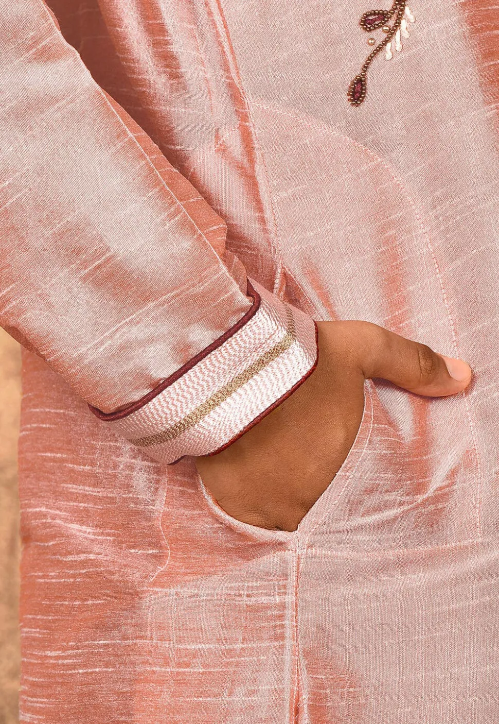 Hand Embroidered Art Silk Kurta in Peach