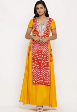 Hand Embroidered Art Silk Long Kurta in Red and Mustard
