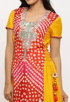 Hand Embroidered Art Silk Long Kurta in Red and Mustard