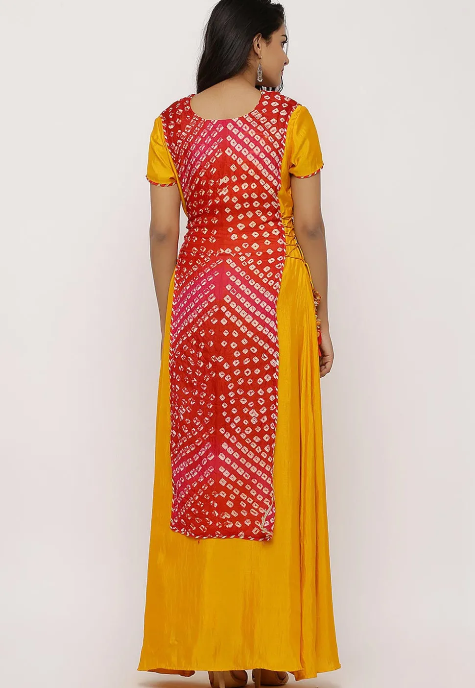 Hand Embroidered Art Silk Long Kurta in Red and Mustard